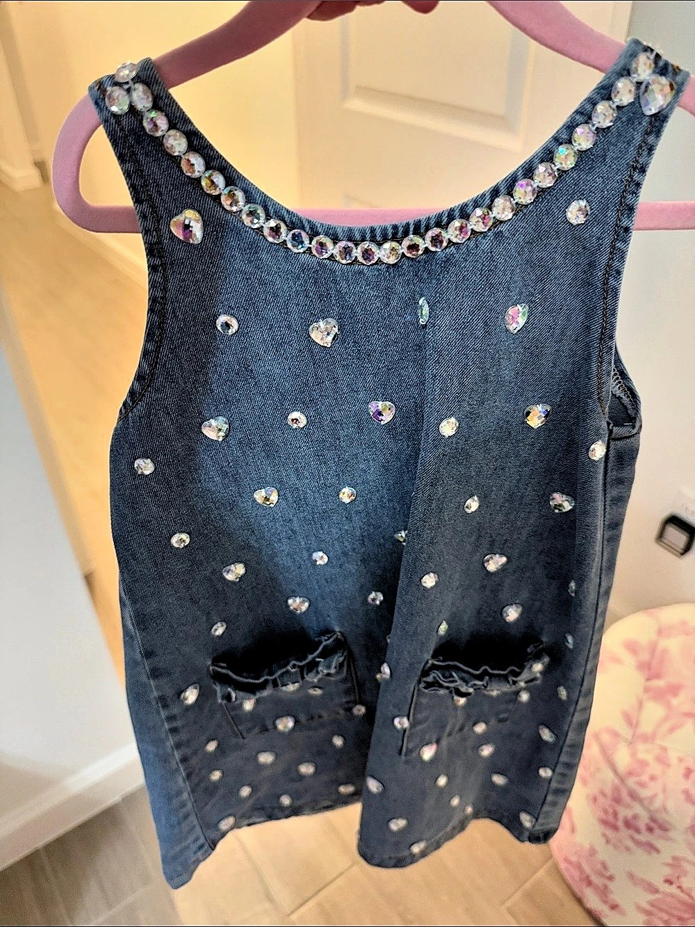 Lola & The Boys Crystal Heart Denim Bow Dress